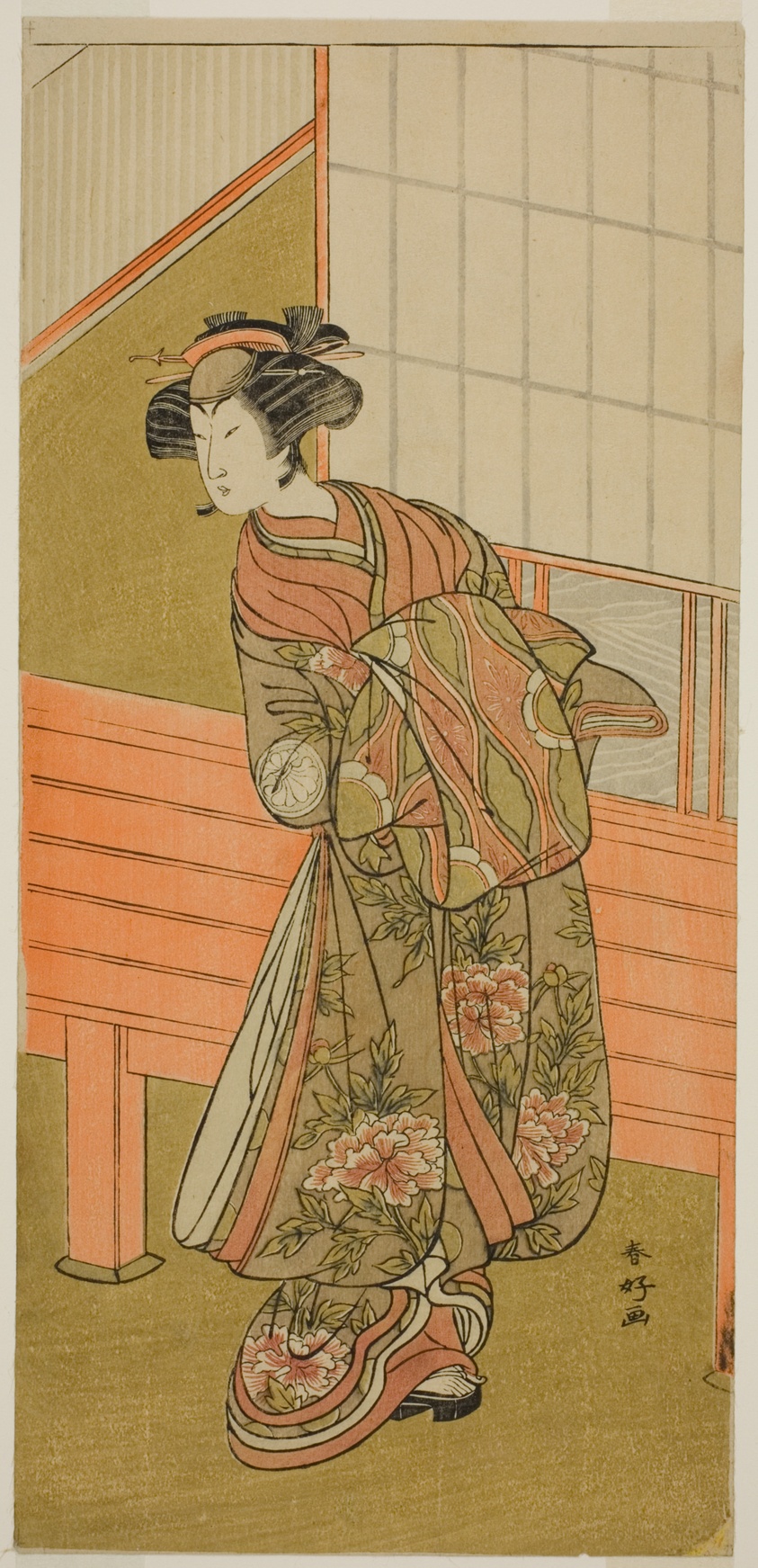 The Actor Segawa Kikunojo III as the Courtesan Takamura of Onoteruya (?) in the Play Sugata no Hana Yuki no Kuromushi (?), Performed at the Ichimura Theater (?) in the Eleventh Month, 1776 (?)