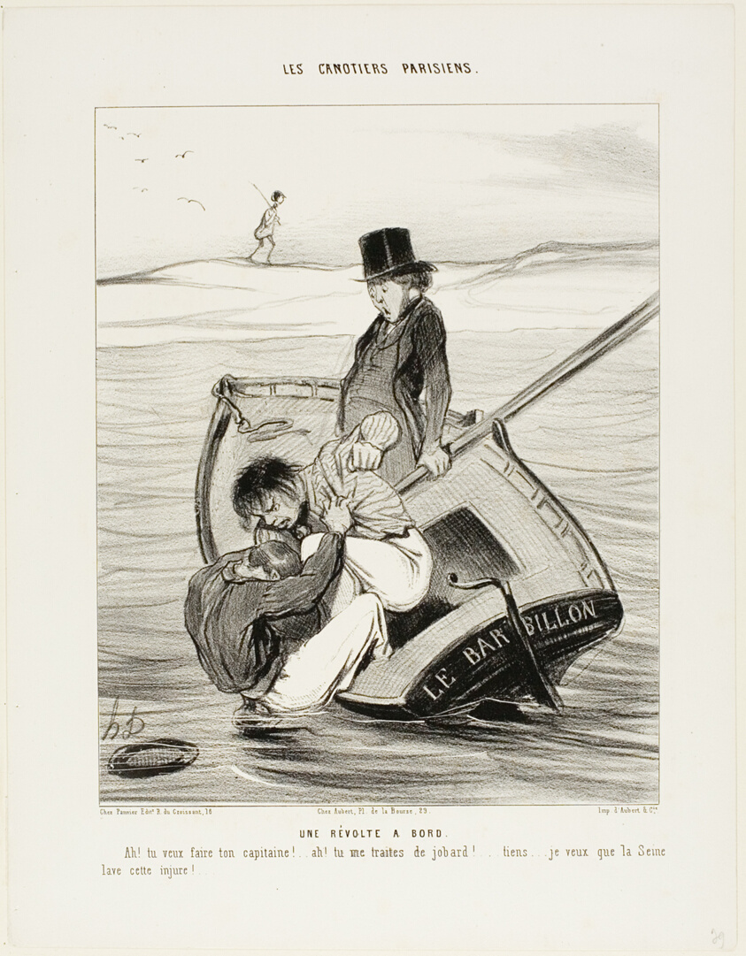 A Revolt On Board. “- Ah! you want to be your own captain!... - Ah! you are treating me like an idiot... hey... I hope the Seine washes away that insult!,” plate 13 from Les Canotiers Parisiens
