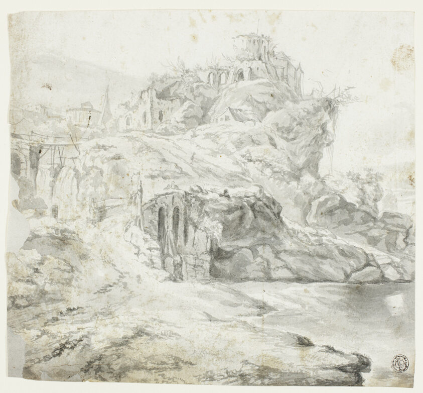 Rocky Promontory with Ruins and Cascades (recto); Sketch of Cliff with Buildings (verso)