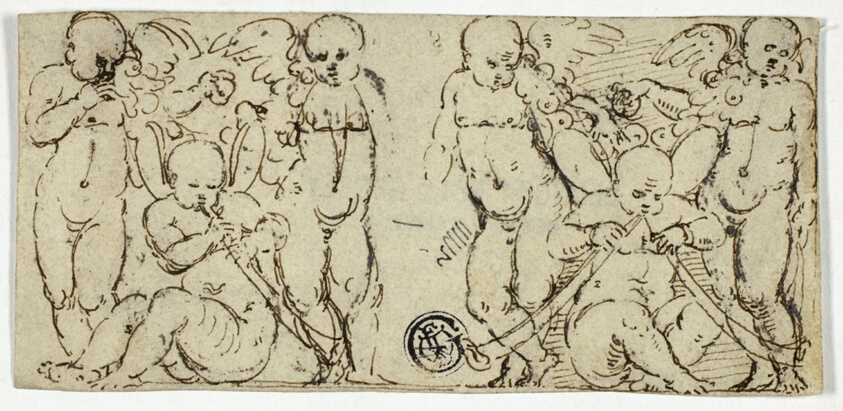 Two Decorative Groups of Putti with Trumpets and Fruit