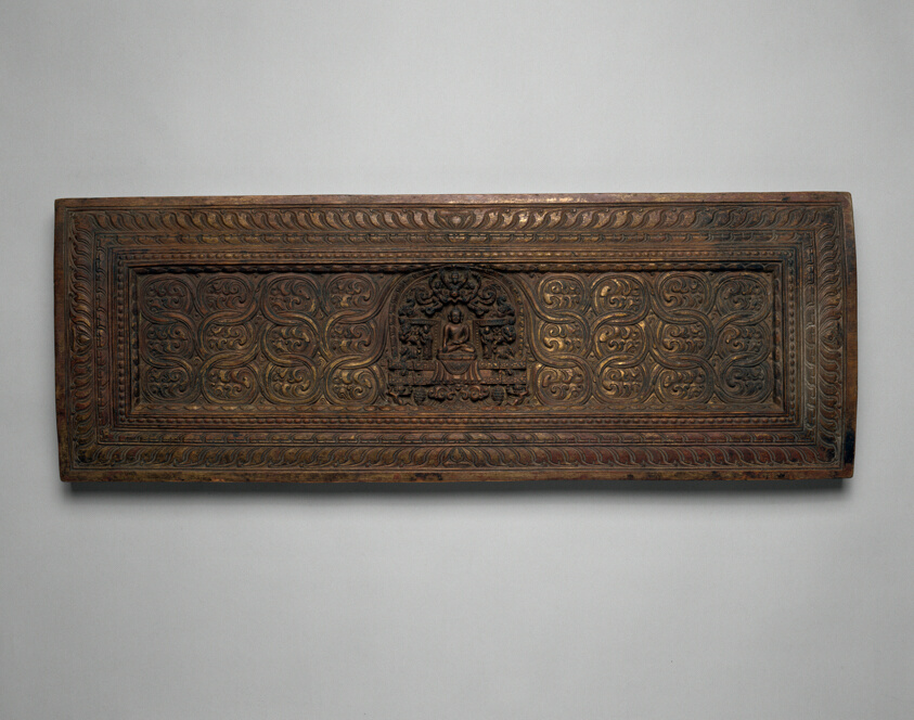 Manuscript Cover with Enshrined Sakyamuni Buddha with Hand in Earth Touching (Bhumisparsha) Mudra
