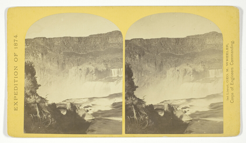 Shoshone Falls, Snake River, Idaho, Main Fall, 210 feet from upper to lower level, width of fall, 800 feet from upper to lower level; Height of Cañon wall at the falls, 1.000 feet. A number of minor falls, Islands, and boulder rocks above the main fall add beauty to the lonely majesty of this scene, No. 48 from the series "Geographical Explorations and Surveys West of the 100th Meridian"