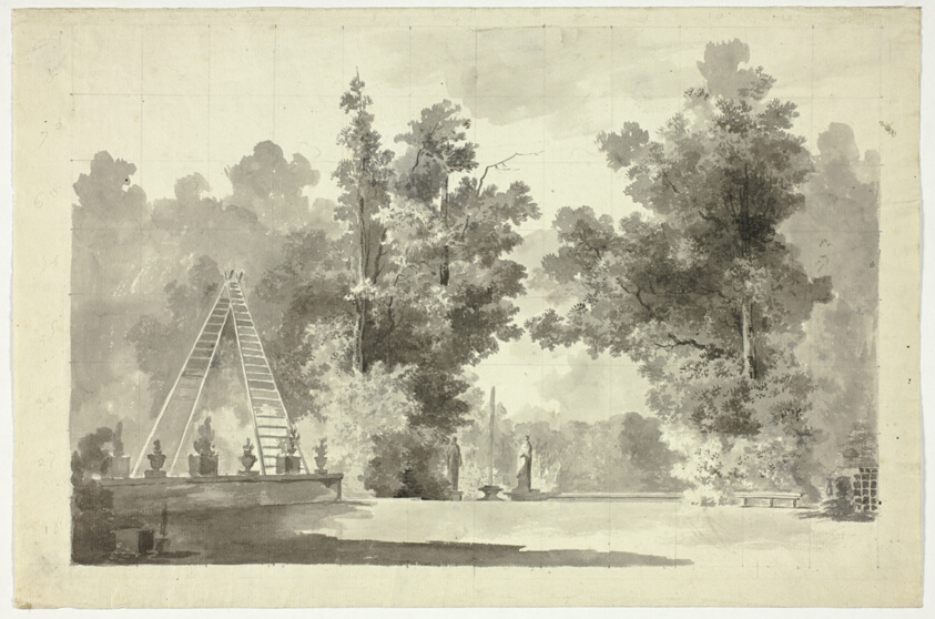 View of the Park at Versailles: Arch of Ladders with Plants; Statuary