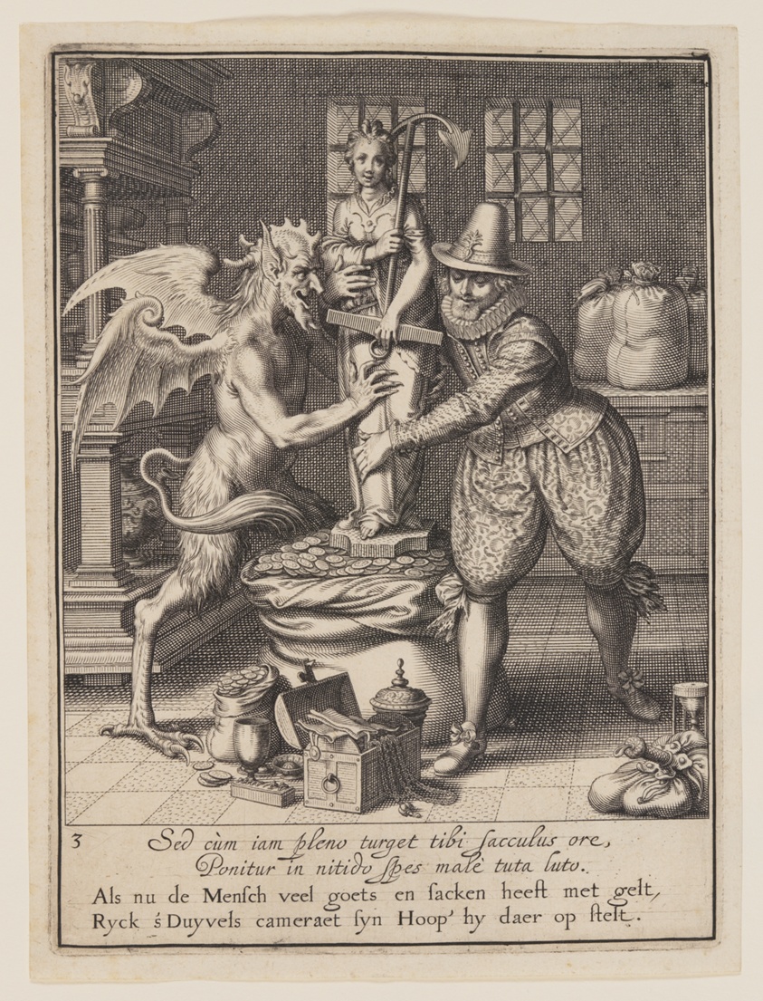 A Man and the Devil Filling a Sack with Money and Setting Up a Statue of Hope, from Allegory of the Misuse of Worldly Property