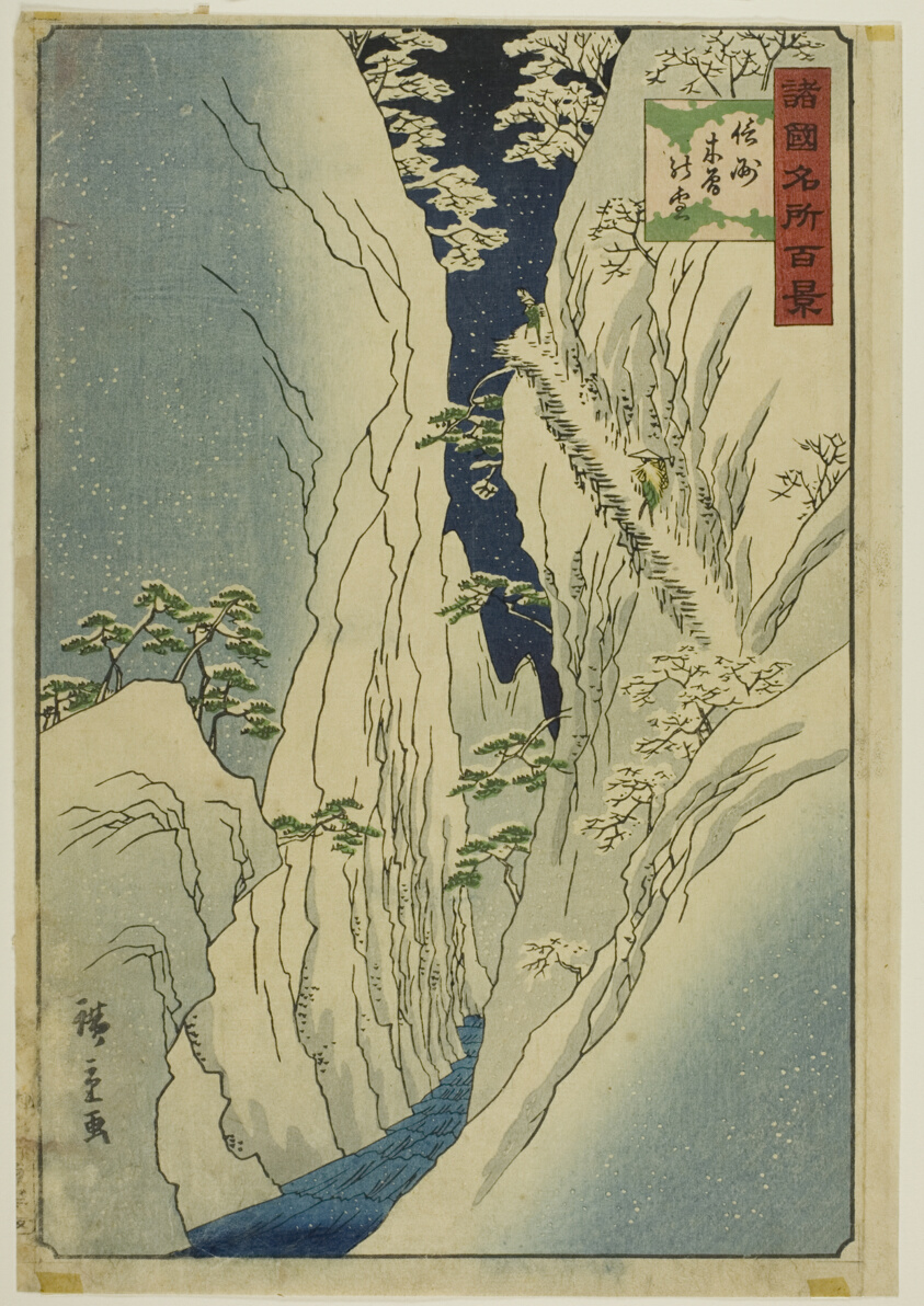 Snow on the Kiso Gorge, Shinshu Province (Shinshu Kiso no yuki) from the series “One Hundred Famous Views in the Various Provinces (Shokoku meisho hyakkei)”