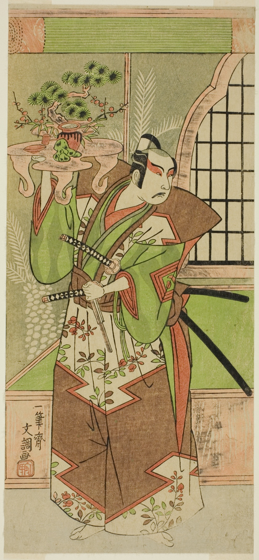 The Actor Ichikawa Yaozo II in a pre-performance celebration of the play "Soga Monogatari," performed at the Morita Theater in the second month, 1773