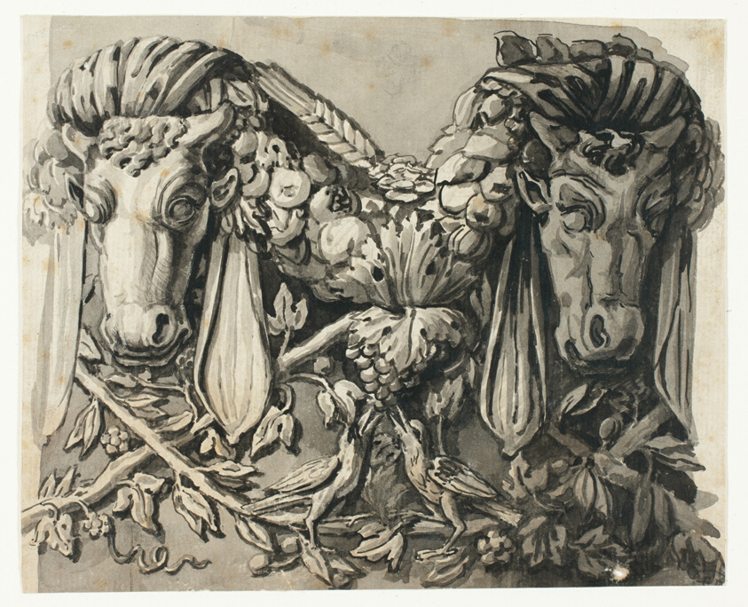 Ornament with Two Bull's Heads (recto); Sketch of Geometric Borders (verso)