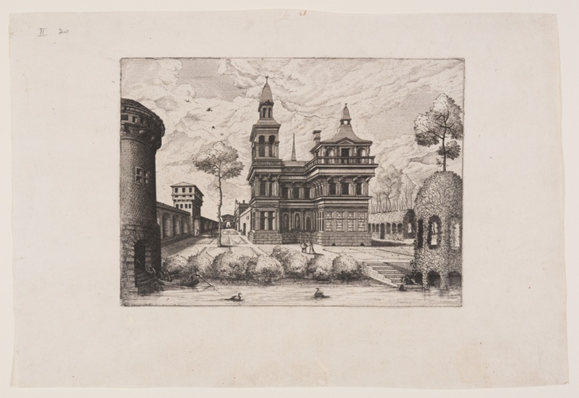 View of a castle, on the left a fortified wall, on the right a trellis-work gangway and pavilion