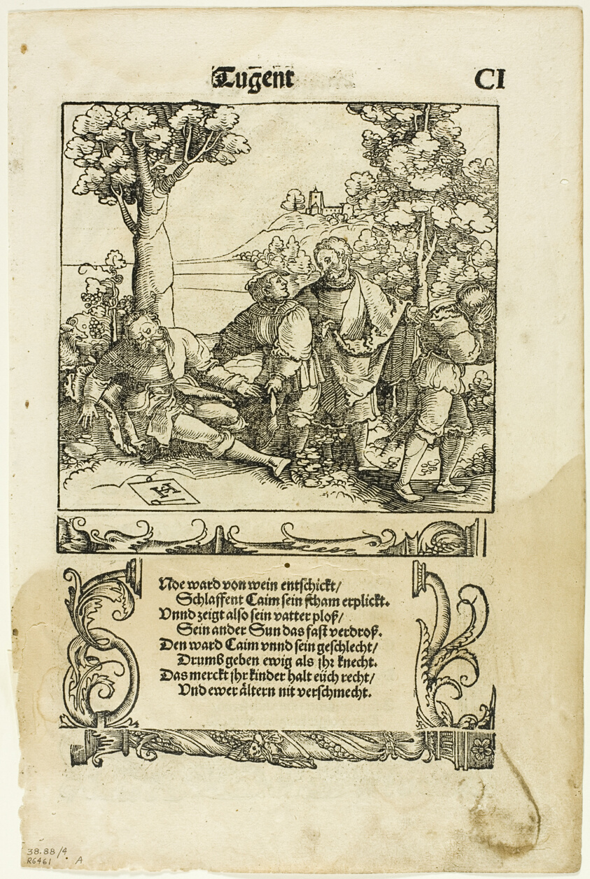 Shem Covering the Nakedness of Noah (recto) and Lot with his Daughters (verso) from Der Teutsch Cicero, plate four of Woodcuts from Books of the XVI Century