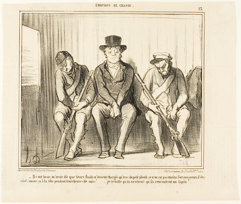 “- Inspite of all their assertions that their guns are only loaded with small shots, it is nonetheless annoying to be aimed at the head like this for three consecutive hours... I tremble at the thought that they might dream of an encounter with a rabbit...,” plate 13 from Émotions De Chasse