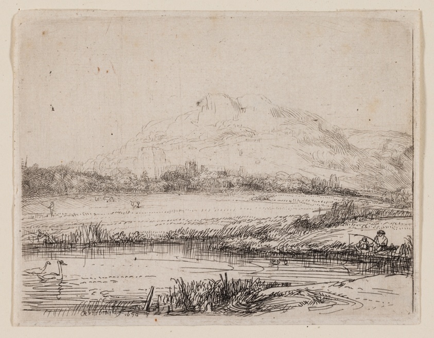 Canal with an Angler and Two Swans