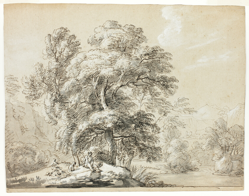 Man and Dog Seated Below Trees by River