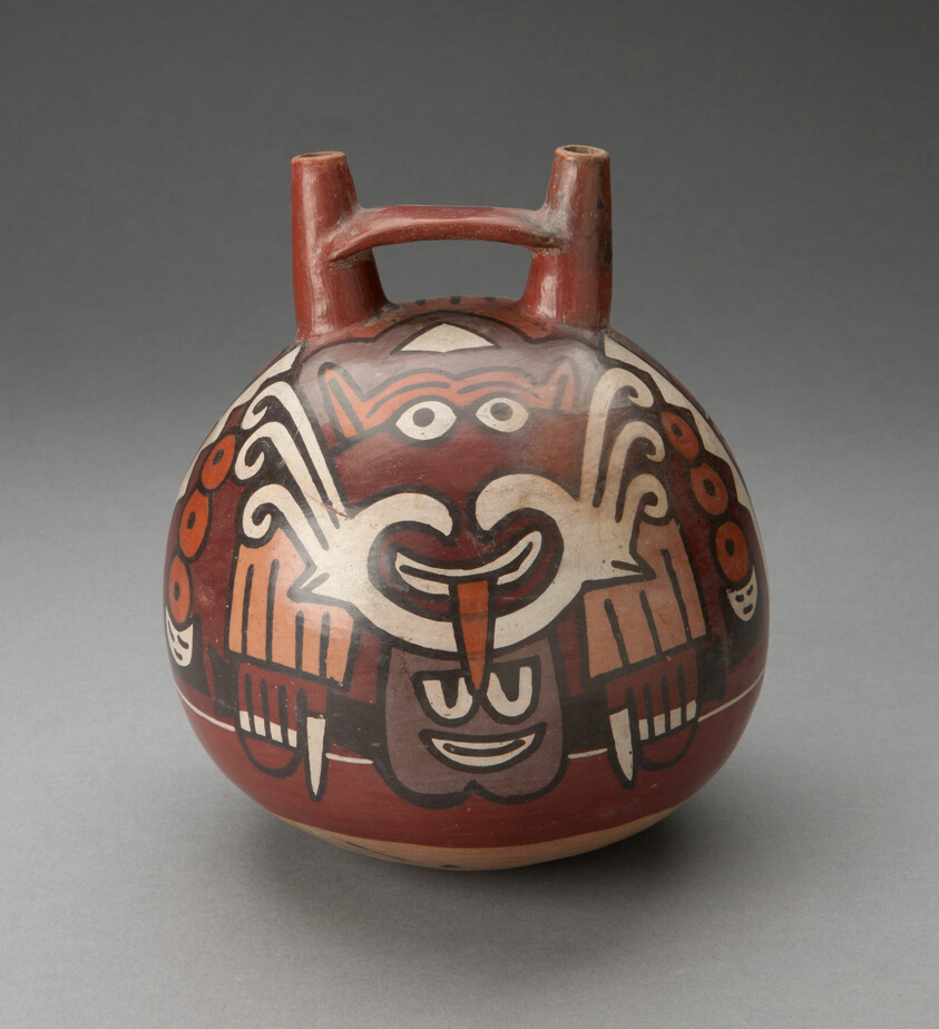 Double Spout Vessel Depicting Costumed Figure with Decapitated Head