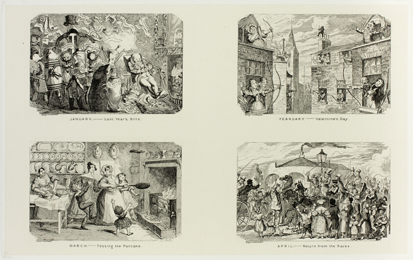 January – Last Year's Bills from George Cruikshank's Steel Etchings to The Comic Almanacks: 1835-1853 (top left)