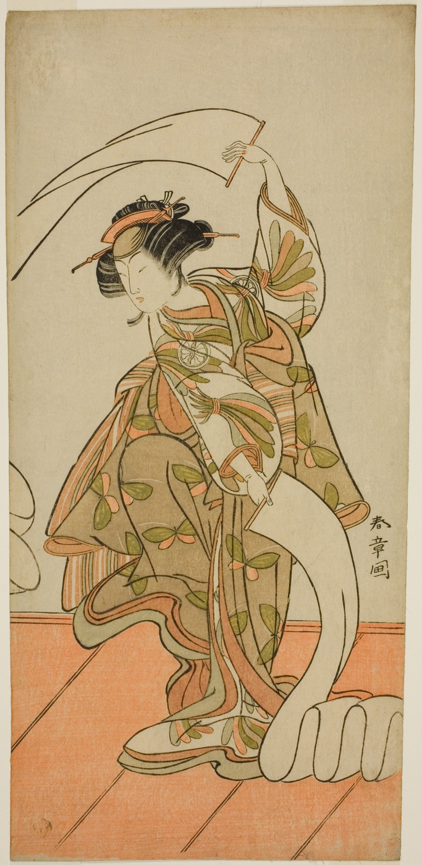 The Actor Segawa Kikunojo III as the Courtesan Kisegawa in a "Nuno Sarashi" Dance, in the Play Hana-zumo Genji Hiiki, Performed at the Nakamura Theater in the Eleventh Month, 1775