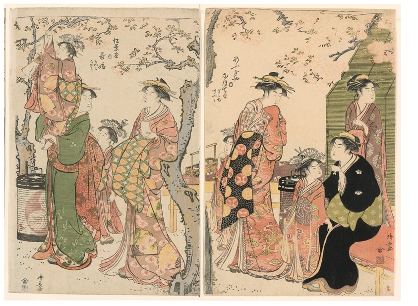 Courtesans and Their Child Attendants under Blossoming Cherry Trees