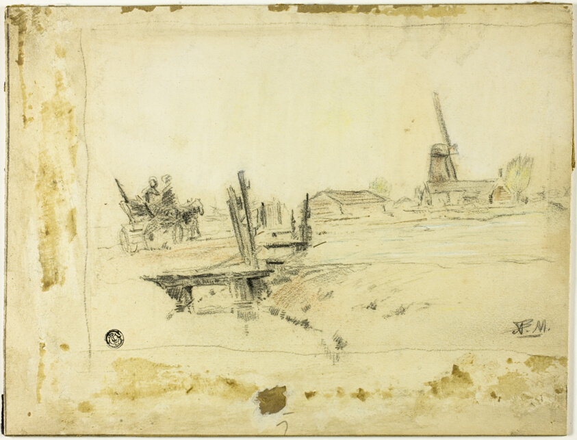 Dutch Landscape: Horse and Wagon Crossing Bridge Towards Windmill