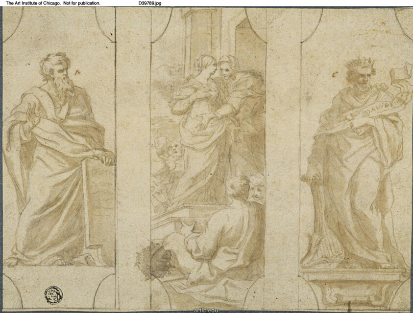 Three Panels: Visitation Flanked by Standing Figures of David and Unidentified Prophet
