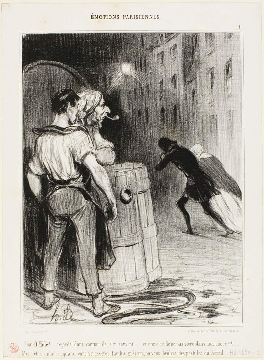 “How silly ! Just look how they run. That's what you get when you are at the wrong place. Just you wait! Next time, tell us in advance and we'll take good care of you...,” plate 1 from Émotions Parisiennes