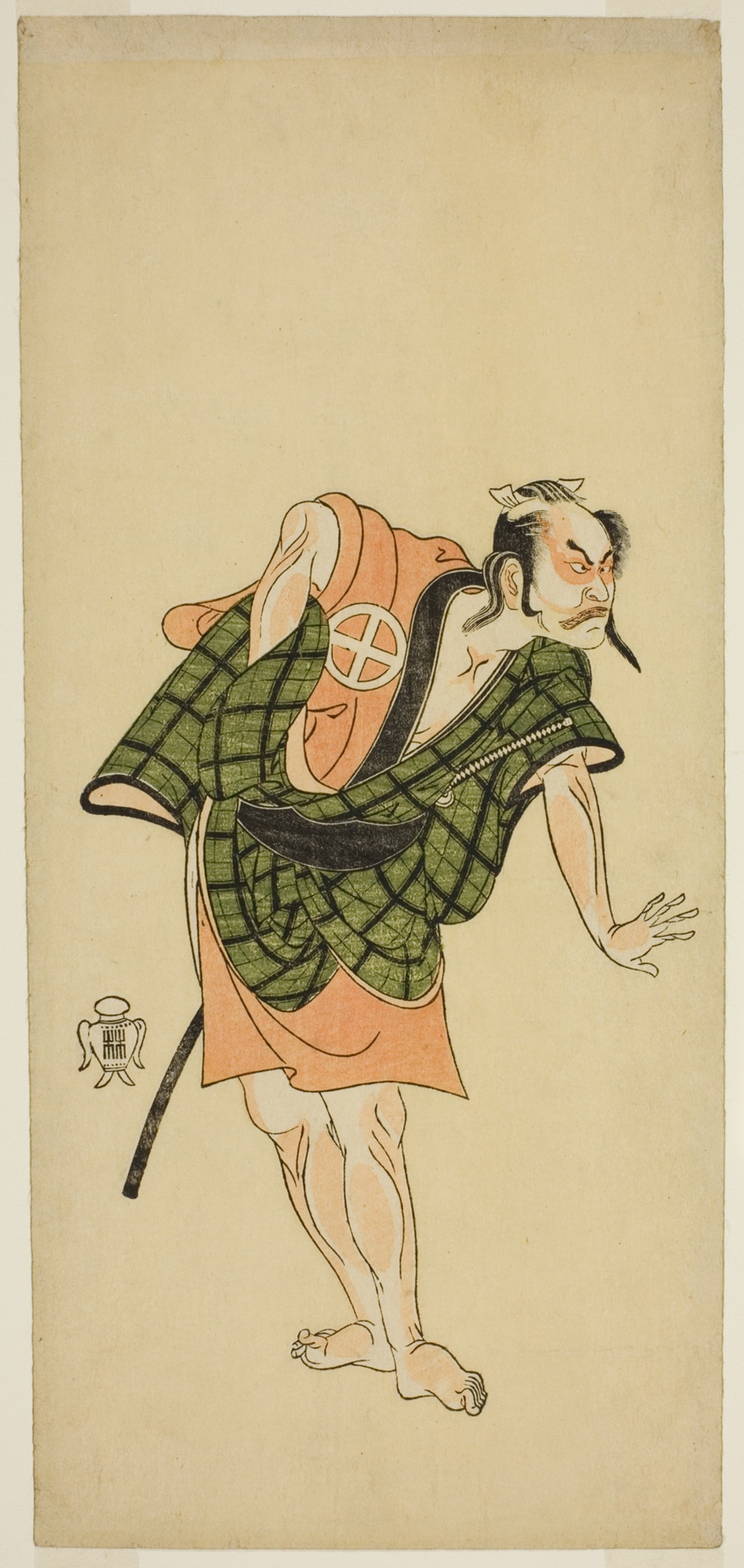 The Actor Otani Hiroji III as Onio Shinzaemon (?) in the Play Bunshin Sugatami Soga (?), Performed at the Morita Theater (?) in the Second Month, 1765 (?)