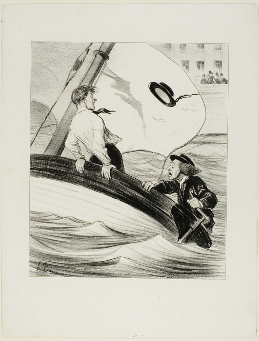 The Gust of Wind. “- Oh blast! I've lost my hat! - Don't worry.... since it is waterpoof.... you won't have a problem reclaiming it at Rouen!,” plate 17 from Les Canotiers Parisiens