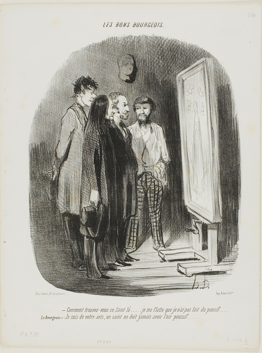 “- How do you find this saint there.... I tried to not make him look too conventional.... The bourgeois: - I quite agree, a Saint never should look short winded,” plate 80 from Les Bons Bourgeois