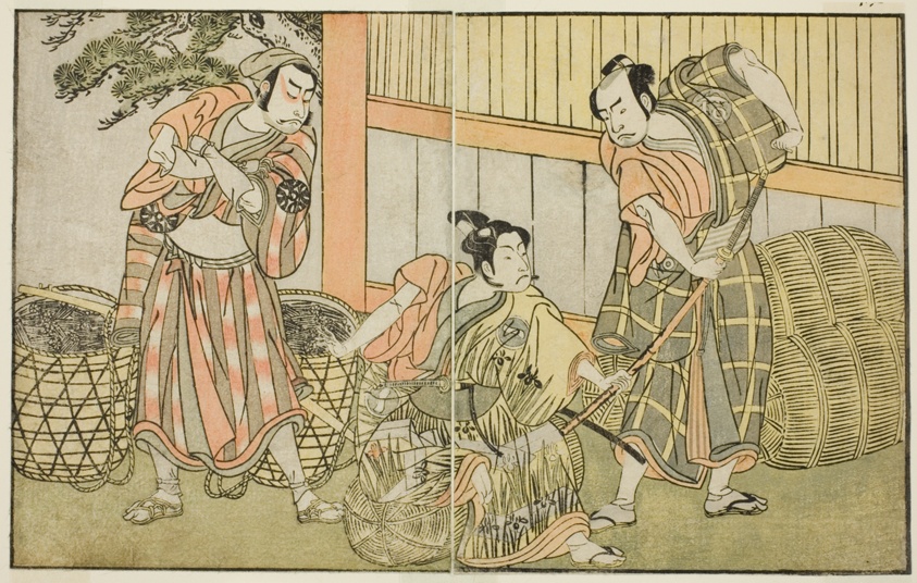 The Actors Kasaya Matakuro II as Hagun Taro (right), Ichikawa Monnosuke II as Izutsu no Suke Narihira (center), and Nakamura Nakazo I as Kose no Kanaoka Disguised as Sogoro the Charcoal Maker, in the Play Kuni no Hana Ono no Itsumoji, Performed at the Nakamura Theater in the Eleventh Month, 1771