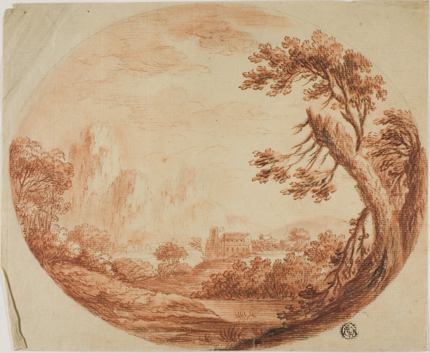 River Landscape with Mountains in Distance, Large Tree in Foreground