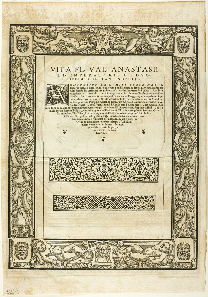 Decorative Border (recto) and Portrait of Emporer Anastasius (verso), plate nine from Woodcuts from Books of the XVI Century