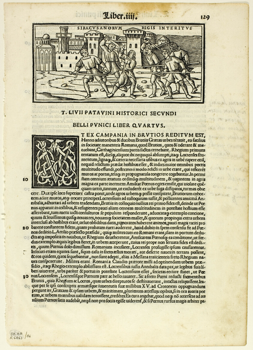 Siracusanorum Regis Interitus (The Murder of the King of the Syracusans) from T. Livius Patavinus historicus duobus libris auctus, plate 86 from Woodcuts from Books of the XVI Century