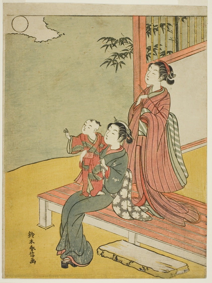 Two Women and a Child Viewing the Full Moon