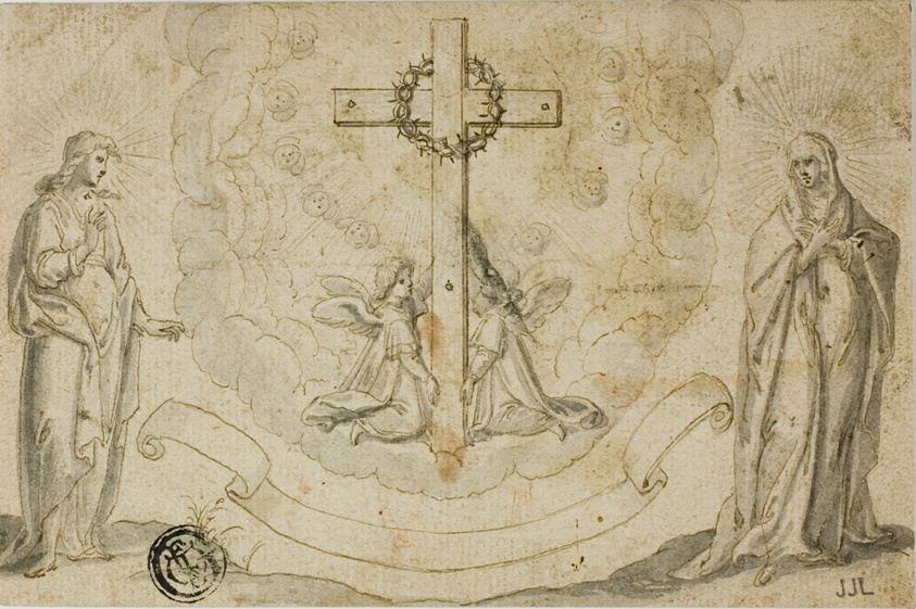 Virgin Mary and St. John the Evangelist Beholding a Vision of the Cross Held by Two Angels