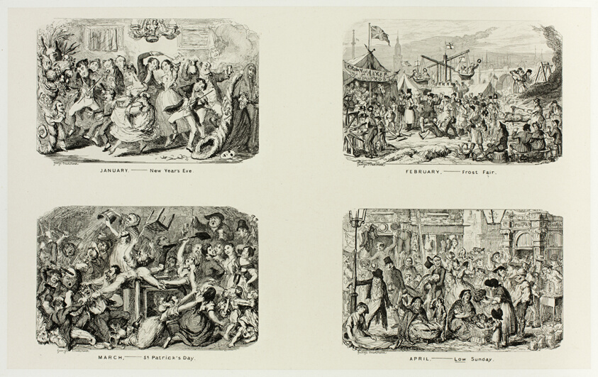 January – New Year's Eve from George Cruikshank's Steel Etchings to The Comic Almanacks: 1835-1853 (top left)