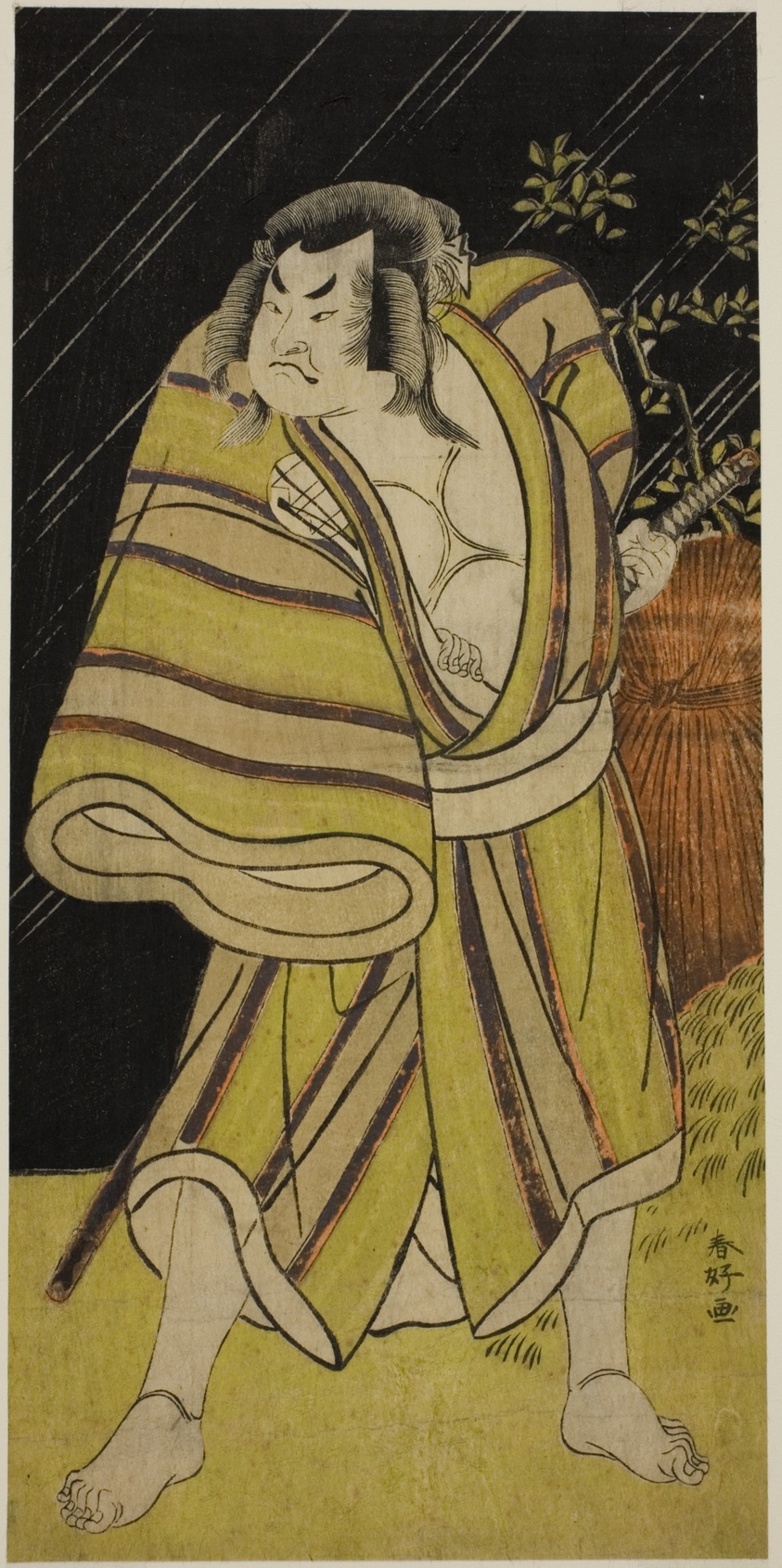 The Actor Sakata Hangoro II as the Sumo Wrestler Kujaku Saburo Narihira (?) in the Play Sugata no Hana Yuki no Kuronushi (?), Performed at the Ichimura Theater (?) in the Eleventh Month, 1776 (?)