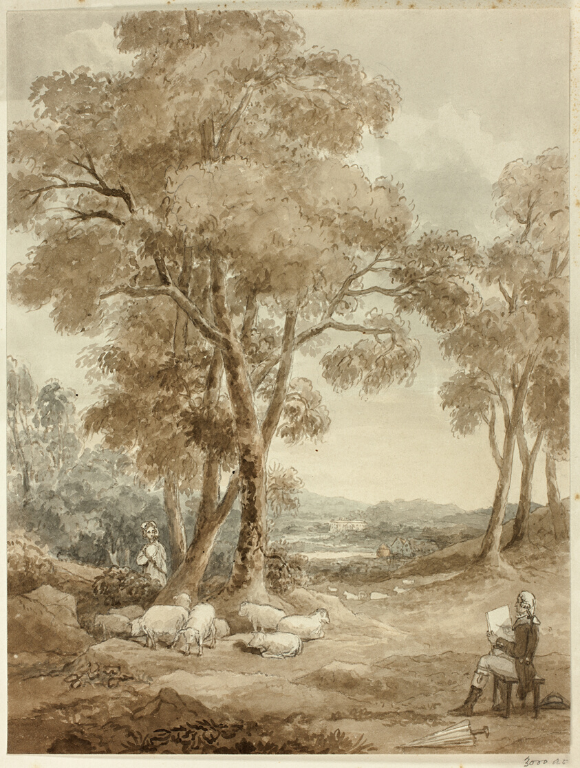 Man Sketching and Woman with Herd of Sheep Beneath Tree