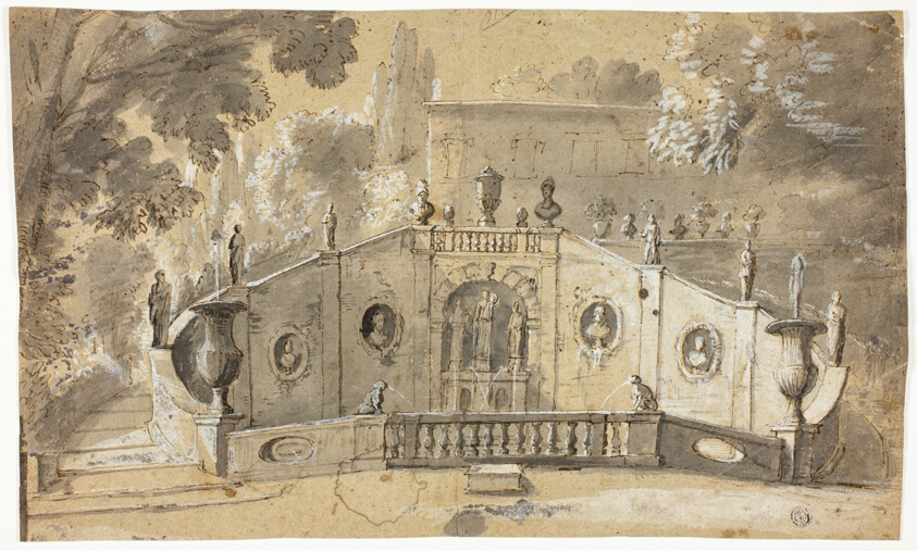 Staircase and Fountain (recto); Seated Male Nude in Profile to Left, Looking Upward (verso)