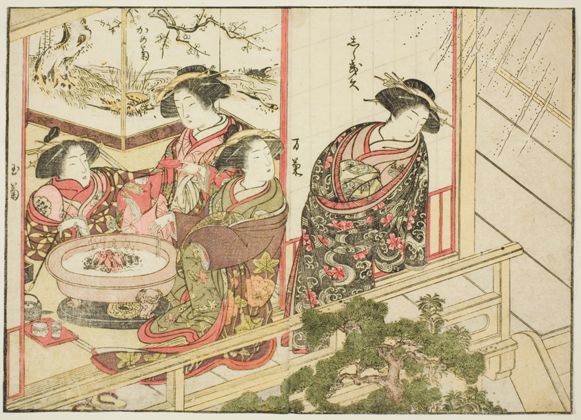 Courtesans of the Kiribishiya, from the book "Mirror of Beautiful Women of the Pleasure Quarters (Seiro bijin awase sugata kagami)," vol. 2