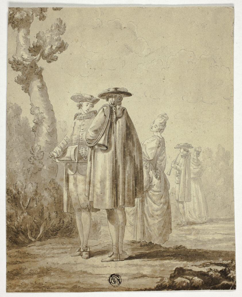 Three Musicians and Two Ladies in Outdoor Setting