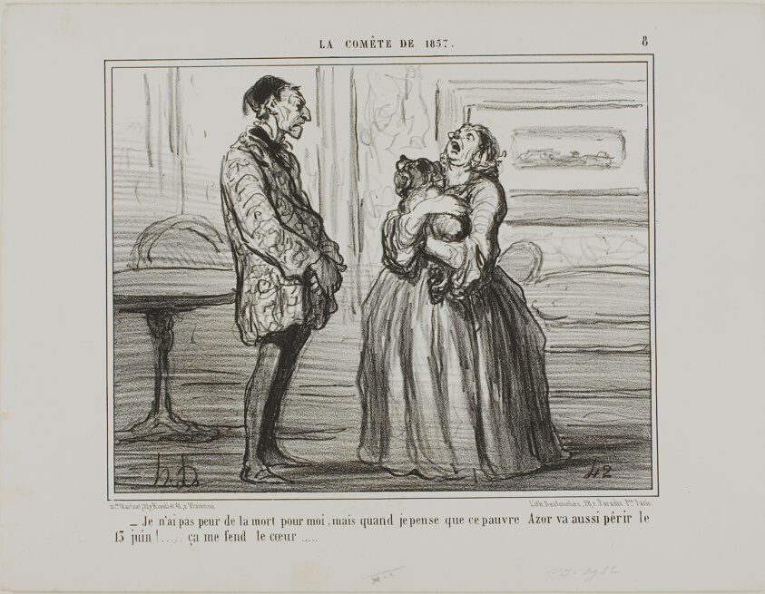 “- I am not afraid for me, but if I think of poor Azor who will perish on the 13th of June... it simply breaks my heart,” plate 8 from La Cométe De 1857