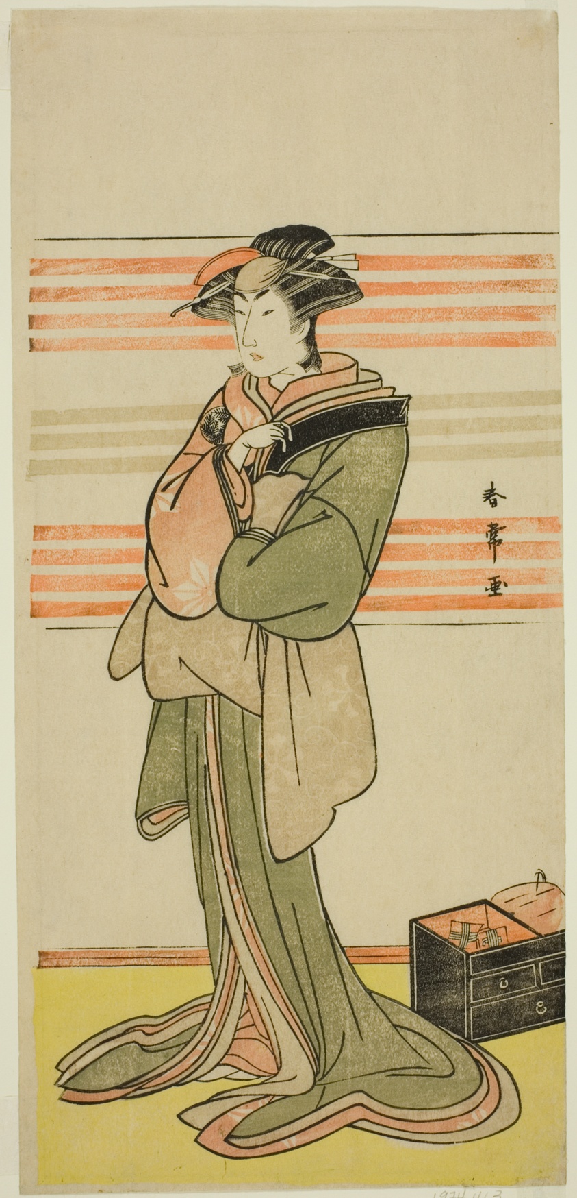 The Actor Nakamura Riko I as Osen of the Komatsuya House (?) in the Play Nanakusa Yosooi Soga (?), Performed at the Nakamura Theater (?) in the Second Month, 1782 (?)