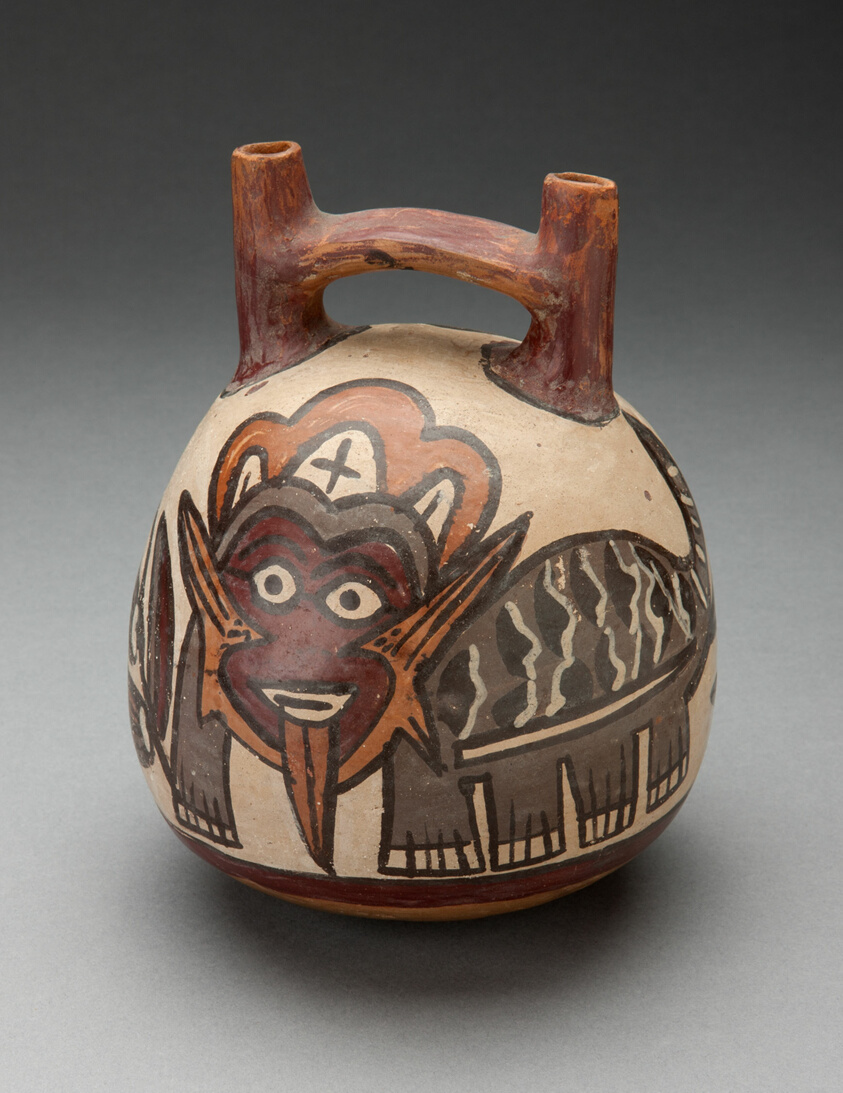 Double Spout Vessel Depicting Costumed Figure with Feline Attributes