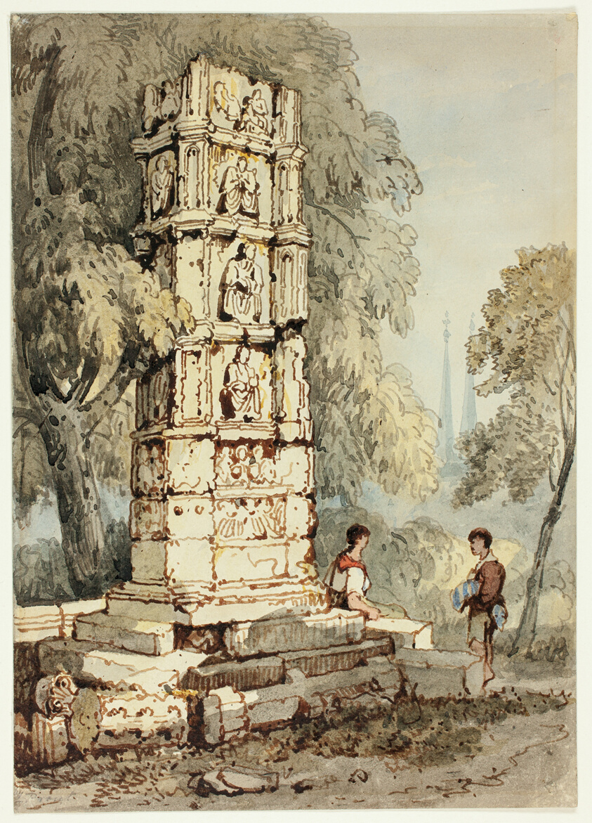 Two Figures Beside Medieval Ruins, with Church in Distance