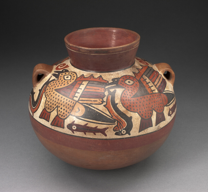 Handled Jar Depicting Birds Catching Fish