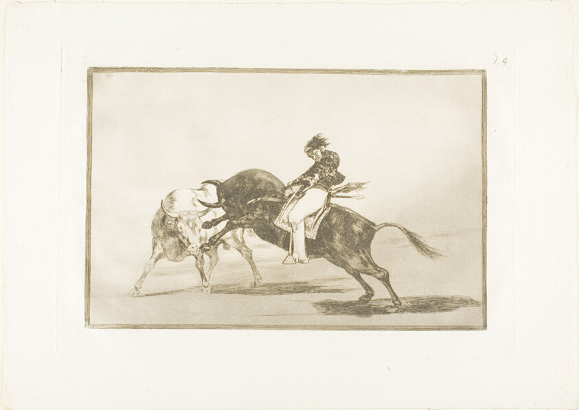 The Same Ceballos, Mounted on Another Bull, Breaks Short Spears in the Ring at Madrid, plate 24 from The Art of Bullfighting