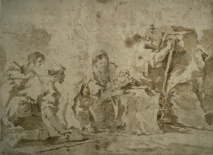 Adoration of the Shepherds (recto); Three Sketches: Buildings by Canal with Boats, Landscape with Buldings on Hillside, Buildings with Portico (verso)