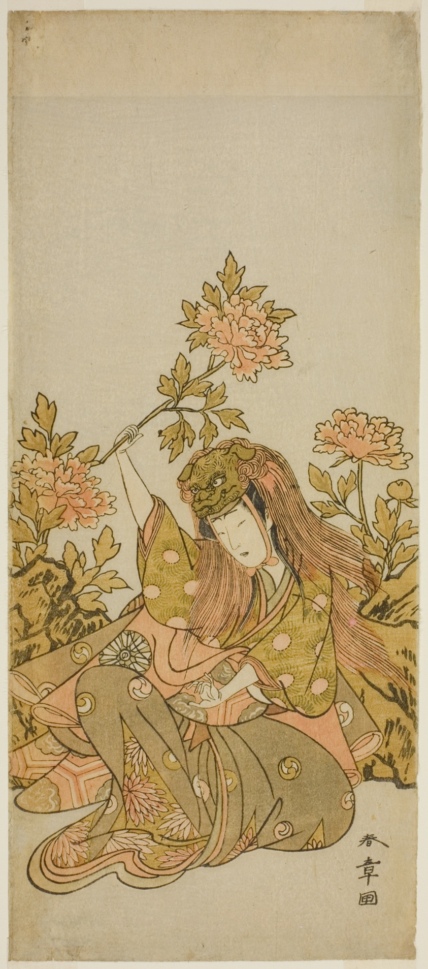 The Actor Nakamura Noshio I in a "Shak-kyo Odori" (Stone Bridge Dance), in the Play Onna Aruji Hatsuyuki no Sekai, Performed at the Morita Theater in the Eleventh Month, 1773