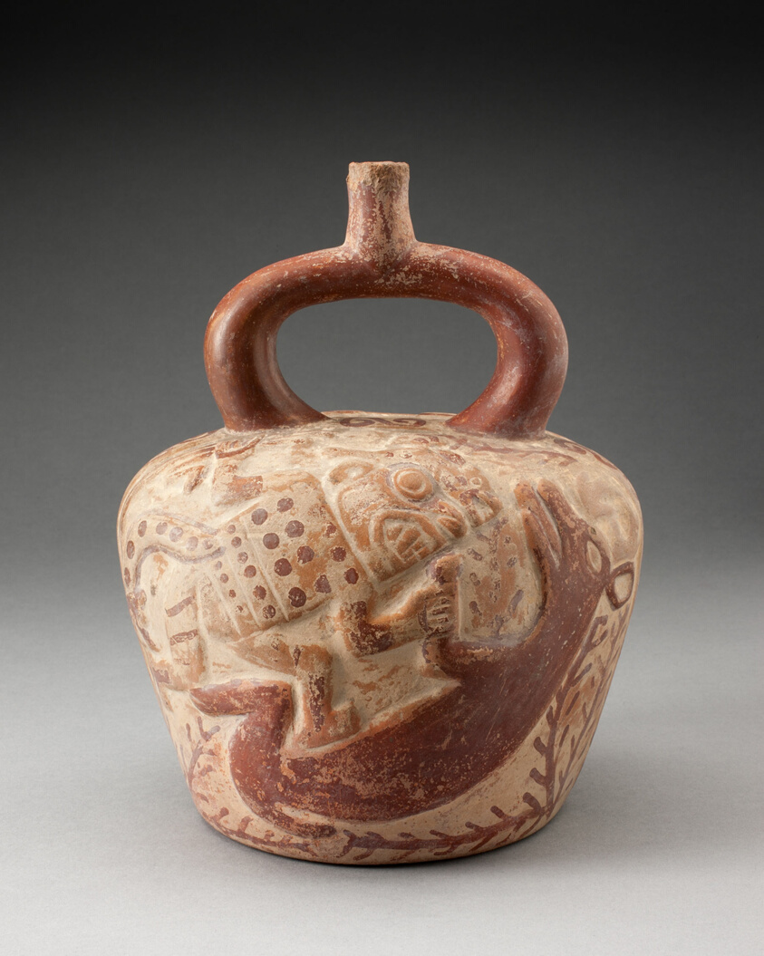 Stirrup Spout Vessel with Raised Deer Hunt Motifs