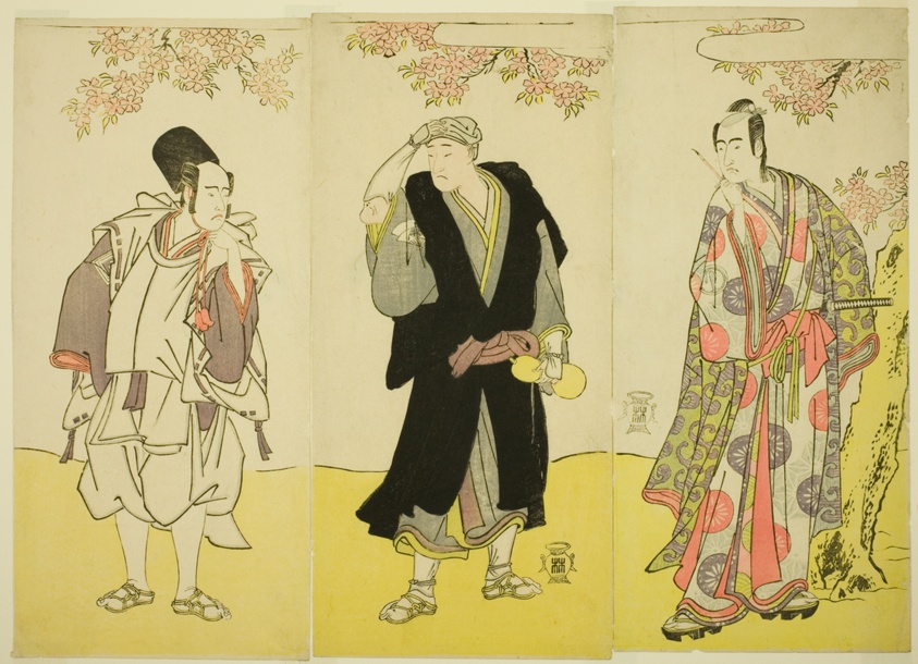 The Actors Sawamura Sojuro III as Kusunoki Tatewaki Masatsura (right), Onoe Matsusuke I as the Monk Sahei Bozu (center) and Ichikawa Yaozo III as the Prince's Servant Kusunoki Uraminosuke (left), in the Play Kumoi no Hana Yoshino no Wakamusha, Performed at the Nakamura Theater in the Eleventh Month, 1786