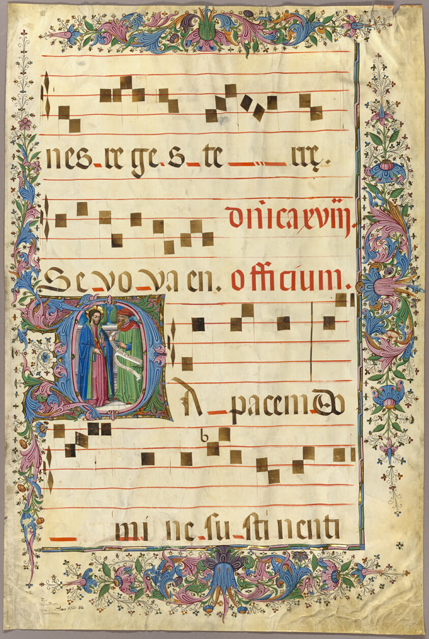 Page from a Choirbook with Christ and a Pharisee in a Historiated Initial “D”