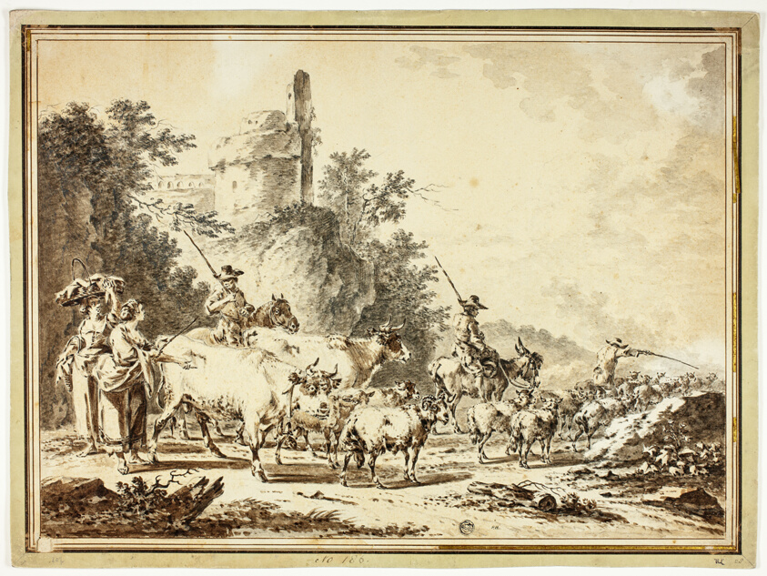 Herdsmen, Cattle and Sheep Passing Two Maidens, with Ruined Castle on Hill Above
